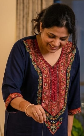 Navy Blue Bhopali Embroidery Soft Cotton Long Sleeves Nighty. Soft Breathable Fabric | Laces and Frills - Laces and Frills