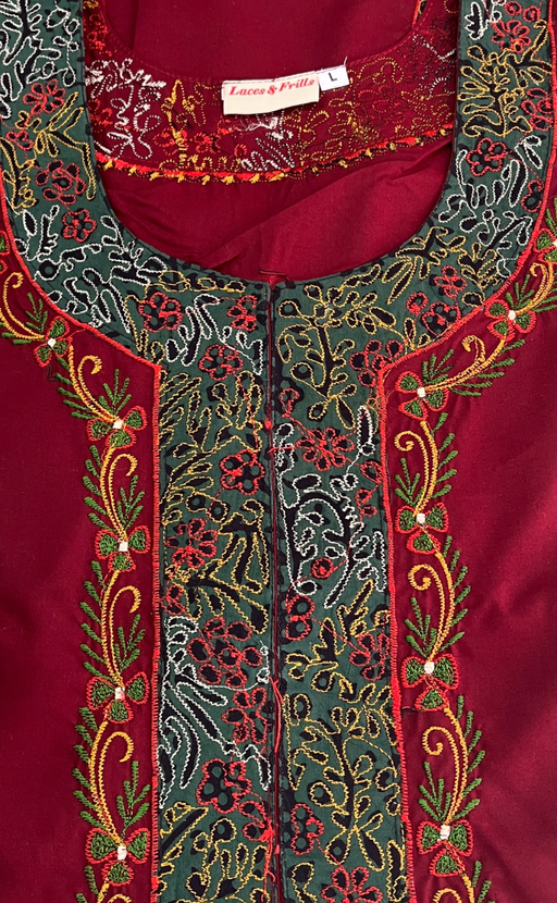 Maroon Bhopali Embroidery Soft Cotton Nighty. Soft Breathable Fabric | Laces and Frills - Laces and Frills