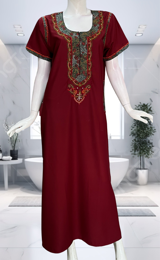 Maroon Bhopali Embroidery Soft Cotton Nighty. Soft Breathable Fabric | Laces and Frills - Laces and Frills