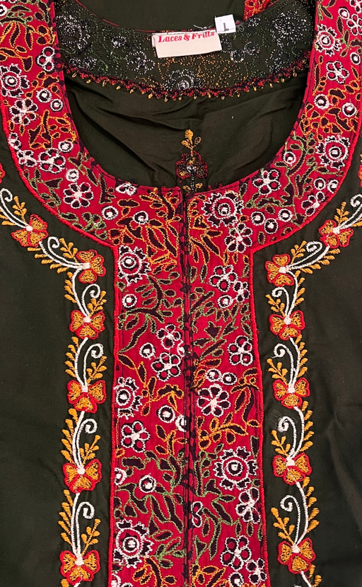 Olive Green Bhopali Embroidery Soft Cotton Nighty. Soft Breathable Fabric | Laces and Frills - Laces and Frills