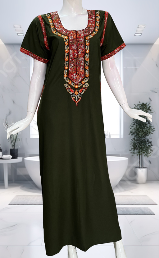 Olive Green Bhopali Embroidery Soft Cotton Nighty. Soft Breathable Fabric | Laces and Frills - Laces and Frills