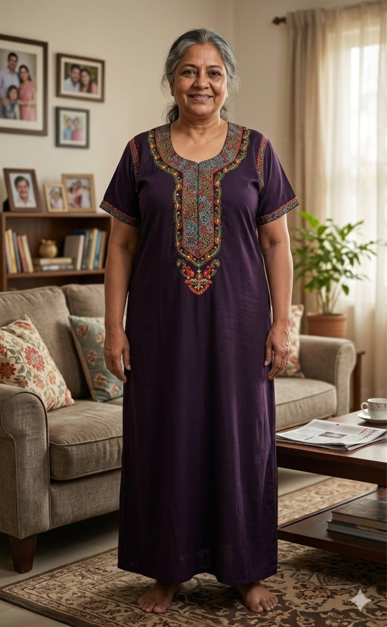 Violet Bhopali Embroidery Soft Cotton Nighty. Soft Breathable Fabric | Laces and Frills - Laces and Frills