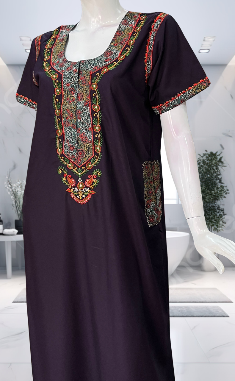 Violet Bhopali Embroidery Soft Cotton Nighty. Soft Breathable Fabric | Laces and Frills - Laces and Frills