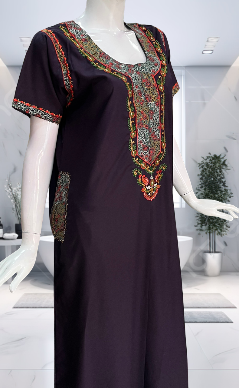 Violet Bhopali Embroidery Soft Cotton Nighty. Soft Breathable Fabric | Laces and Frills - Laces and Frills