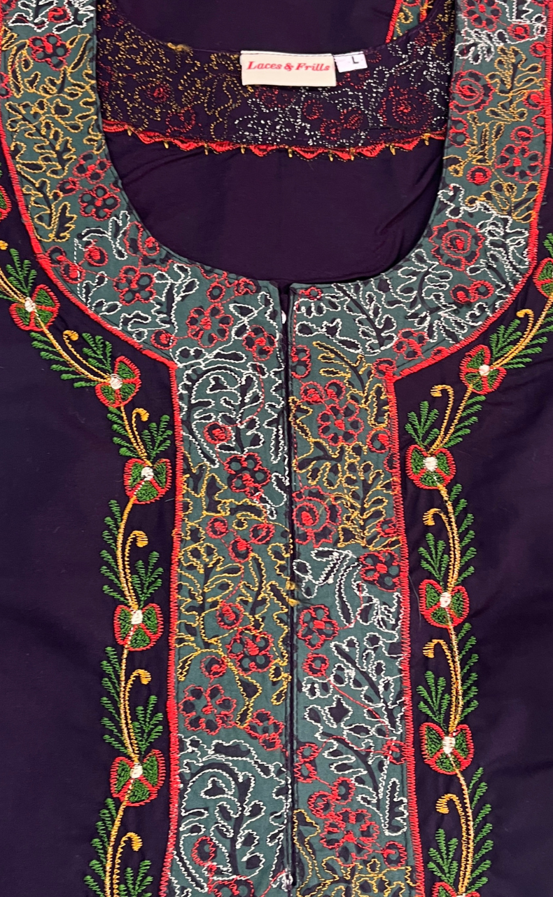 Violet Bhopali Embroidery Soft Cotton Nighty. Soft Breathable Fabric | Laces and Frills - Laces and Frills