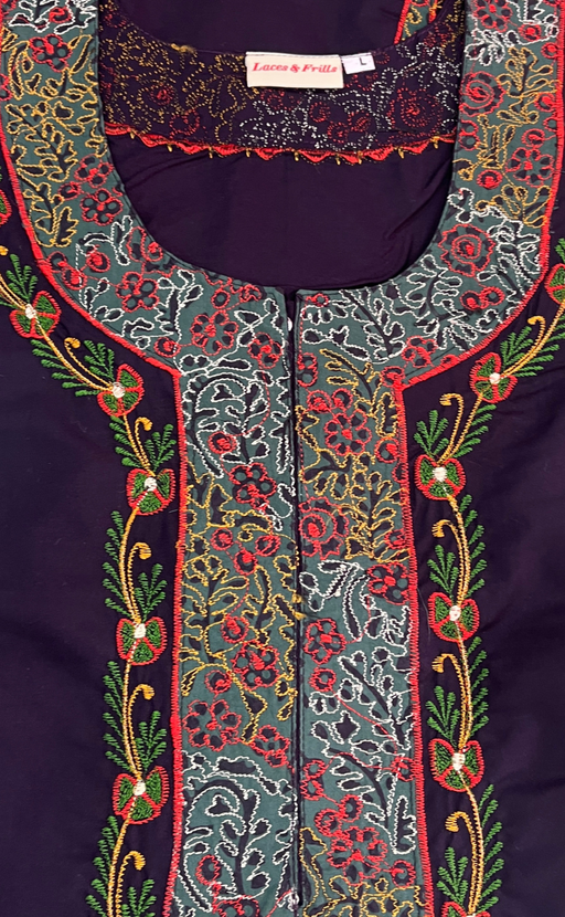Violet Bhopali Embroidery Soft Cotton Nighty. Soft Breathable Fabric | Laces and Frills - Laces and Frills