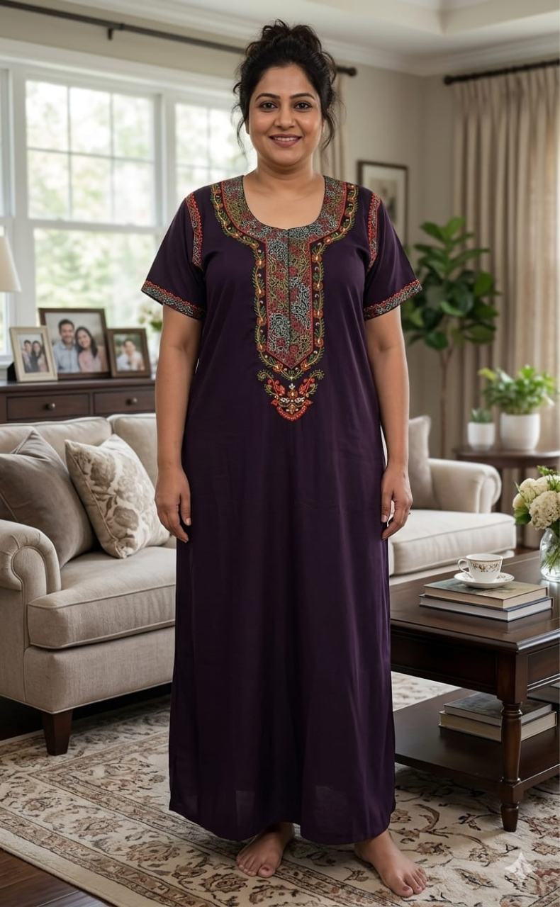 Violet Bhopali Embroidery Soft Cotton Nighty. Soft Breathable Fabric | Laces and Frills - Laces and Frills