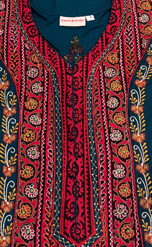 Teal Blue Bhopali Embroidery Soft Cotton Nighty. Soft Breathable Fabric | Laces and Frills - Laces and Frills