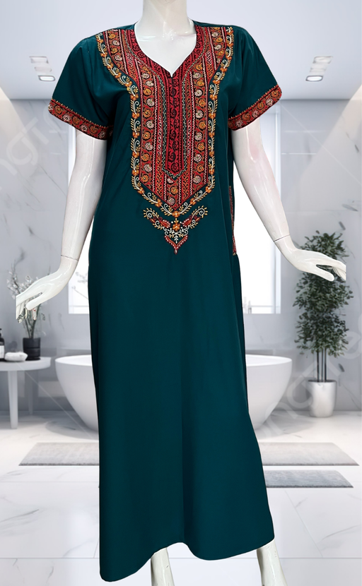 Teal Blue Bhopali Embroidery Soft Cotton Nighty. Soft Breathable Fabric | Laces and Frills - Laces and Frills