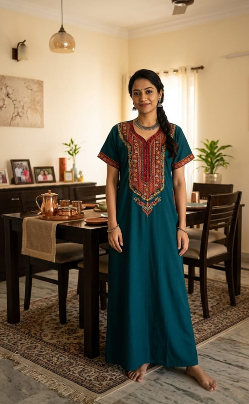 Teal Blue Bhopali Embroidery Soft Cotton Nighty. Soft Breathable Fabric | Laces and Frills - Laces and Frills