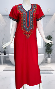 Red Bhopali Embroidery Soft Cotton Nighty. Soft Breathable Fabric | Laces and Frills - Laces and Frills