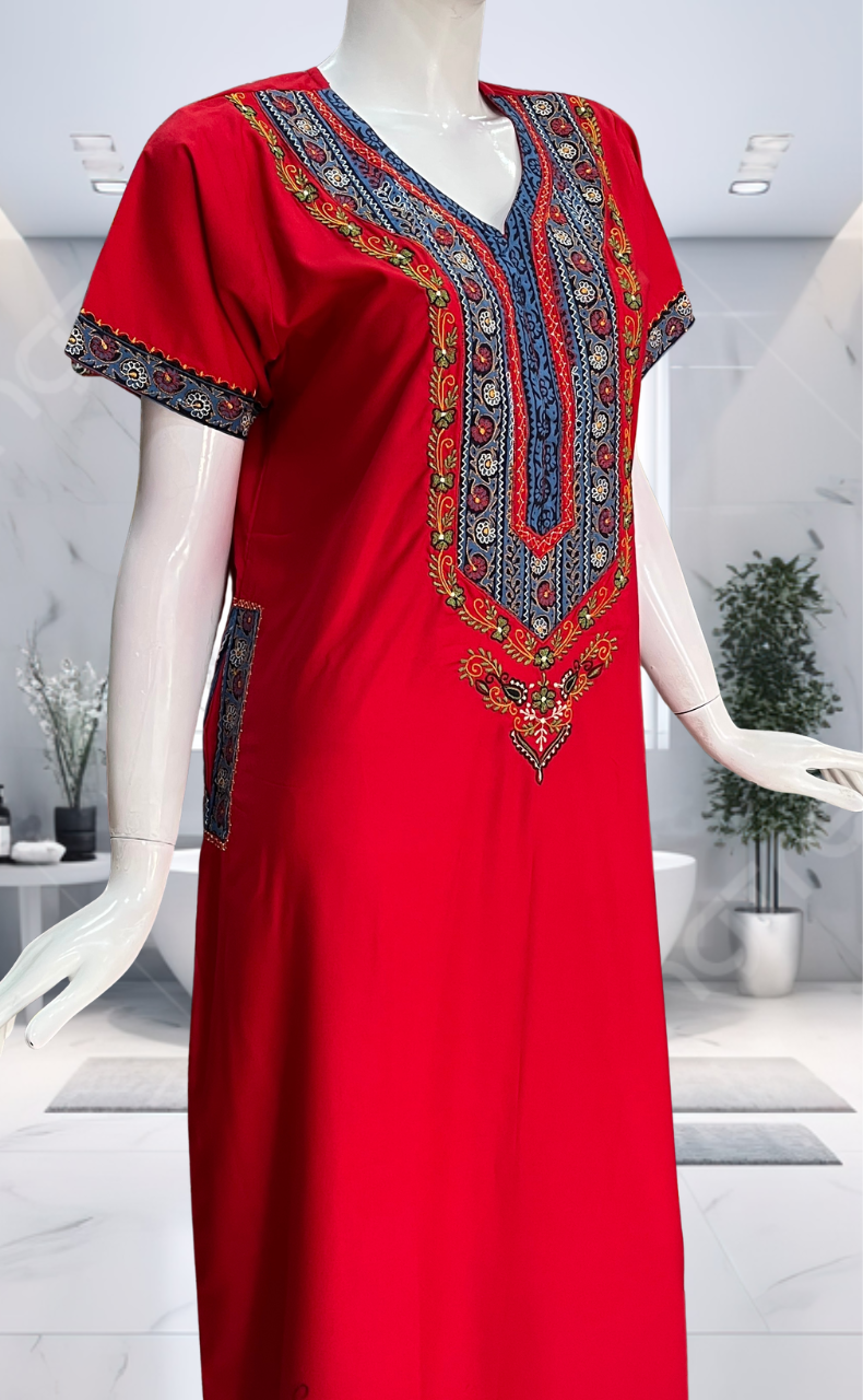 Red Bhopali Embroidery Soft Cotton Nighty. Soft Breathable Fabric | Laces and Frills - Laces and Frills