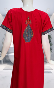 Red Bhopali Embroidery Soft Cotton Nighty. Soft Breathable Fabric | Laces and Frills - Laces and Frills