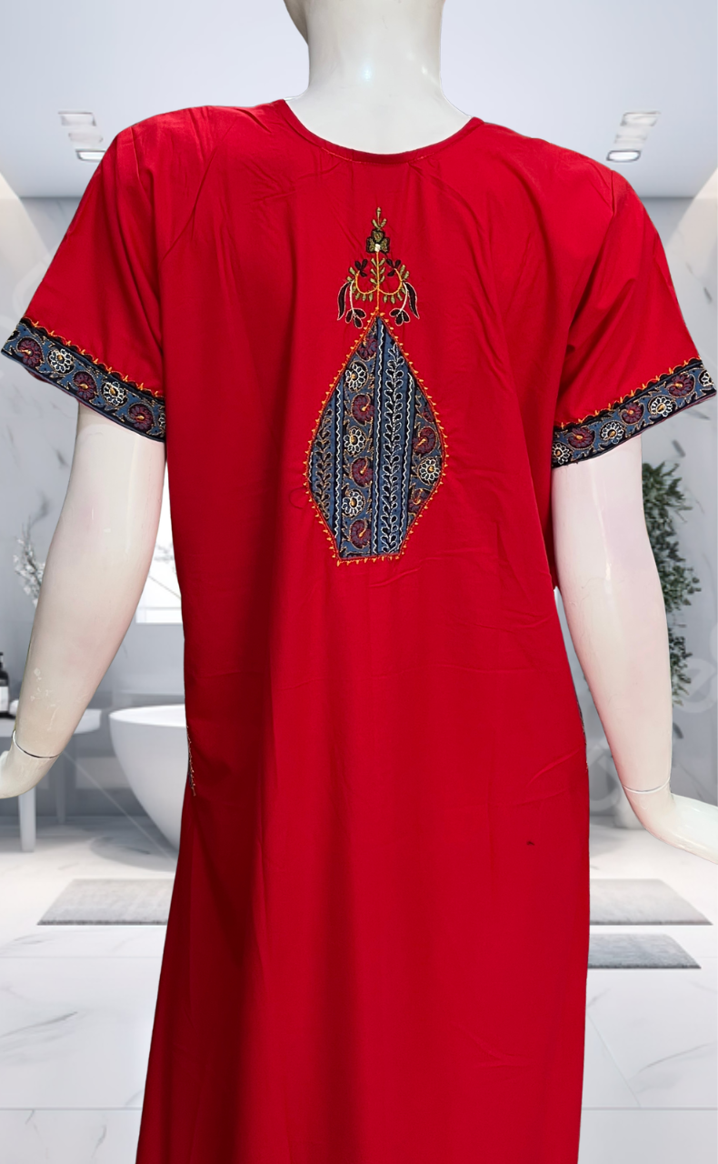Red Bhopali Embroidery Soft Cotton Nighty. Soft Breathable Fabric | Laces and Frills - Laces and Frills