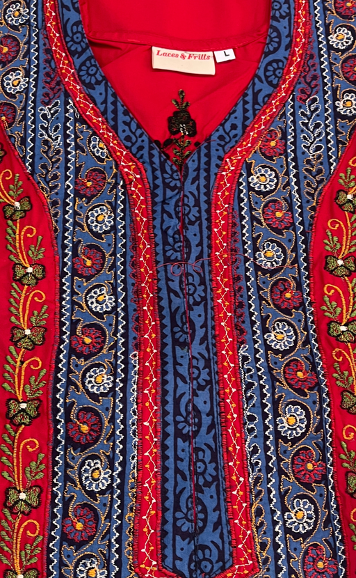 Red Bhopali Embroidery Soft Cotton Nighty. Soft Breathable Fabric | Laces and Frills - Laces and Frills