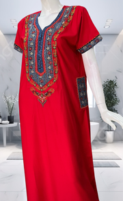 Red Bhopali Embroidery Soft Cotton Nighty. Soft Breathable Fabric | Laces and Frills - Laces and Frills