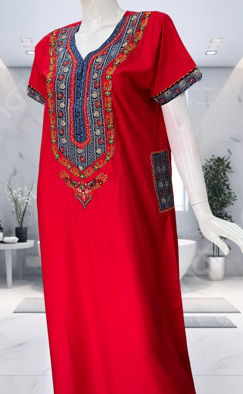 Red Bhopali Embroidery Soft Cotton Nighty. Soft Breathable Fabric | Laces and Frills - Laces and Frills