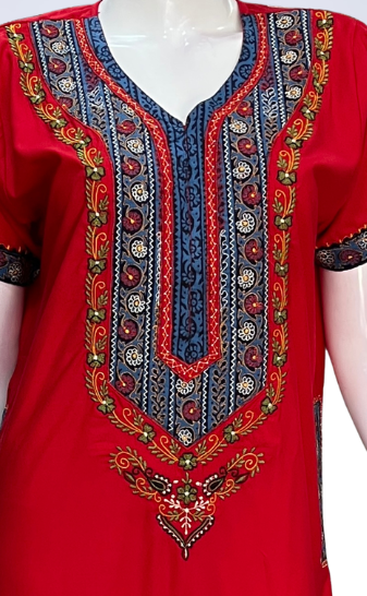 Red Bhopali Embroidery Soft Cotton Nighty. Soft Breathable Fabric | Laces and Frills - Laces and Frills