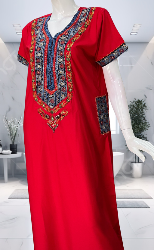 Red Bhopali Embroidery Soft Cotton Nighty. Soft Breathable Fabric | Laces and Frills - Laces and Frills