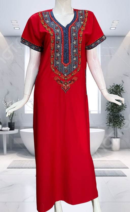 Red Bhopali Embroidery Soft Cotton Nighty. Soft Breathable Fabric | Laces and Frills - Laces and Frills