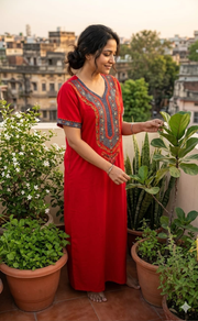 Red Bhopali Embroidery Soft Cotton Nighty. Soft Breathable Fabric | Laces and Frills - Laces and Frills