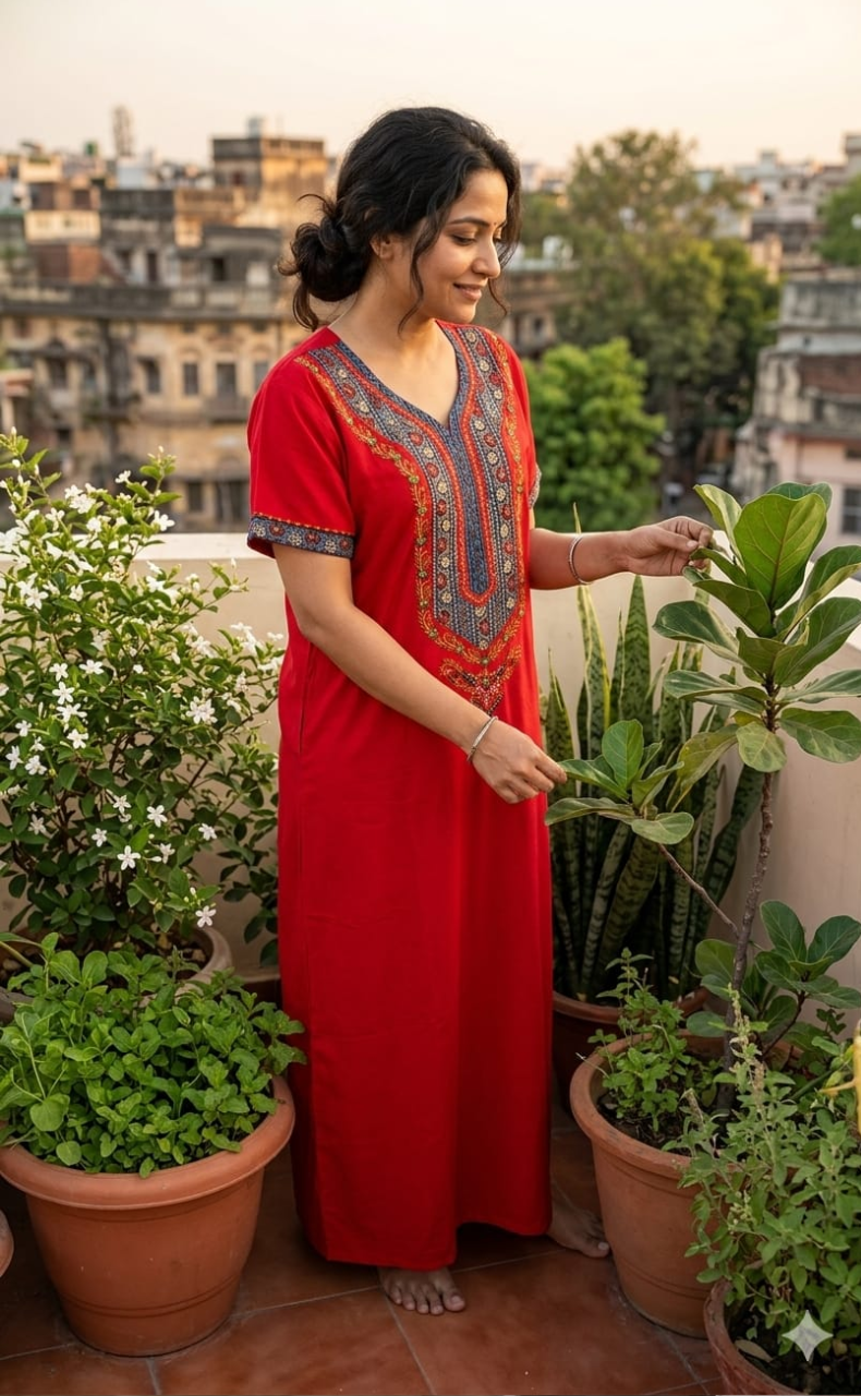 Red Bhopali Embroidery Soft Cotton Nighty. Soft Breathable Fabric | Laces and Frills - Laces and Frills