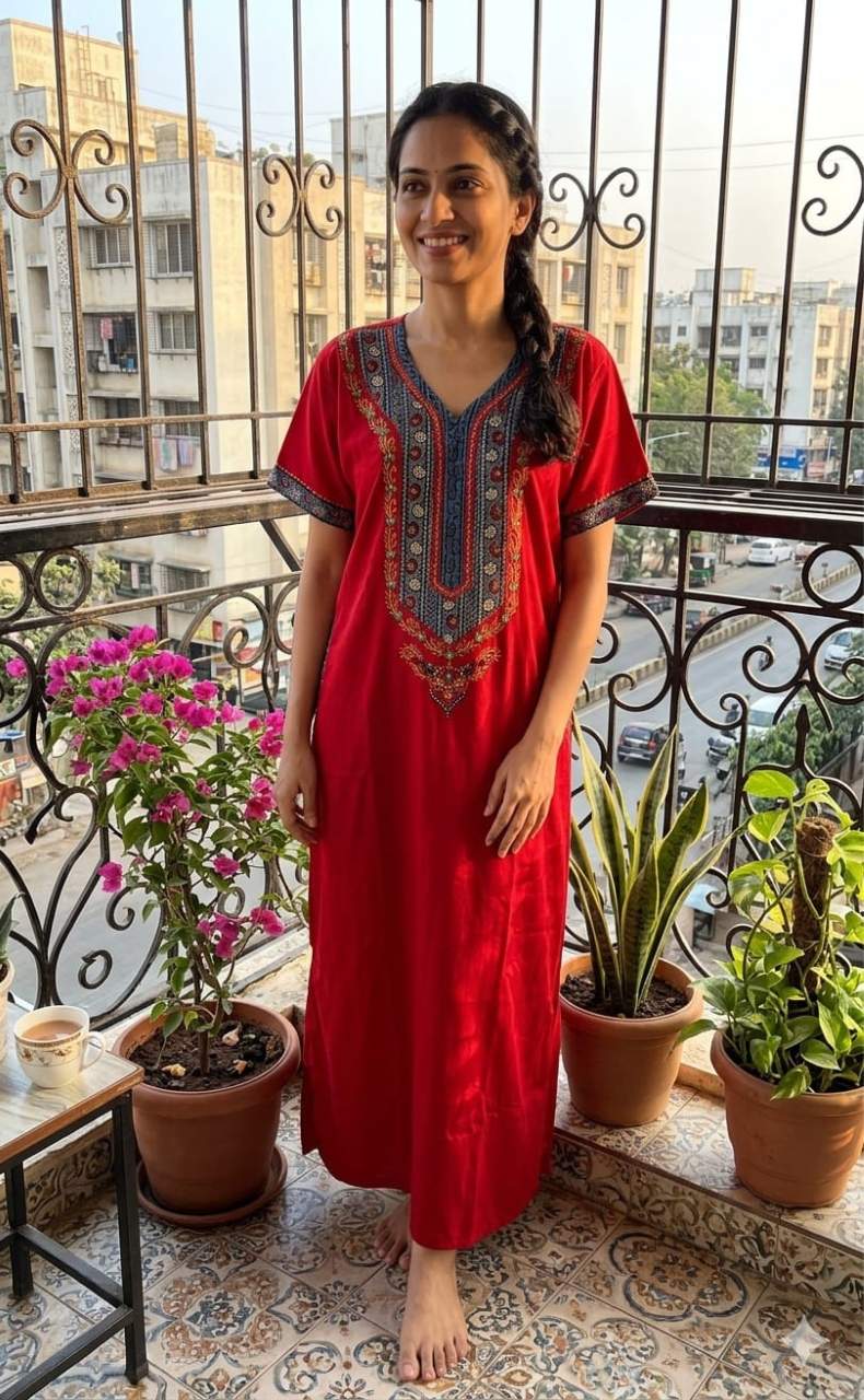 Red Bhopali Embroidery Soft Cotton Nighty. Soft Breathable Fabric | Laces and Frills - Laces and Frills