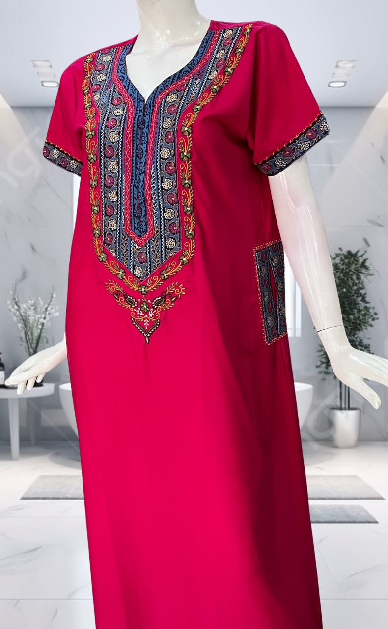 Hot Pink Bhopali Embroidery Soft Cotton Nighty. Soft Breathable Fabric | Laces and Frills - Laces and Frills