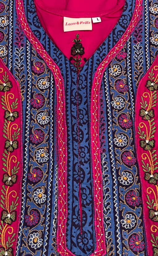 Hot Pink Bhopali Embroidery Soft Cotton Nighty. Soft Breathable Fabric | Laces and Frills - Laces and Frills