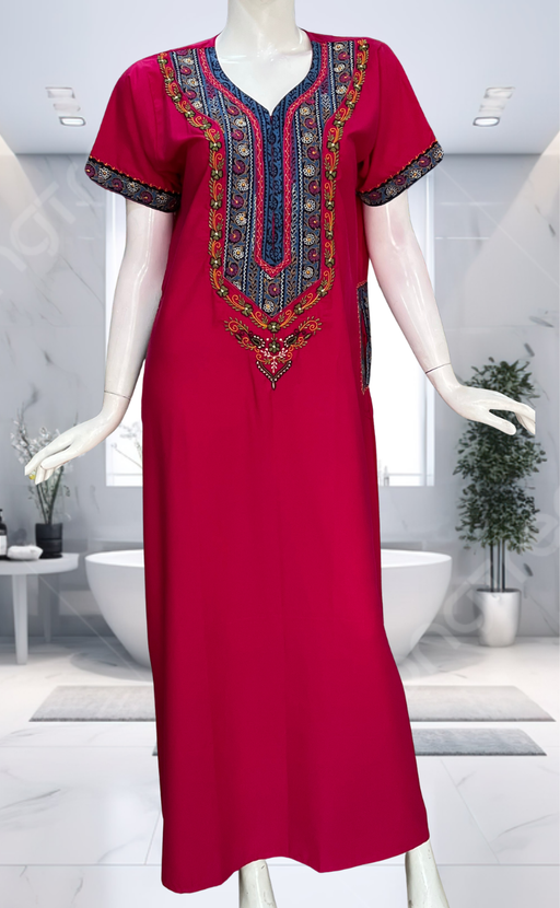 Hot Pink Bhopali Embroidery Soft Cotton Nighty. Soft Breathable Fabric | Laces and Frills - Laces and Frills