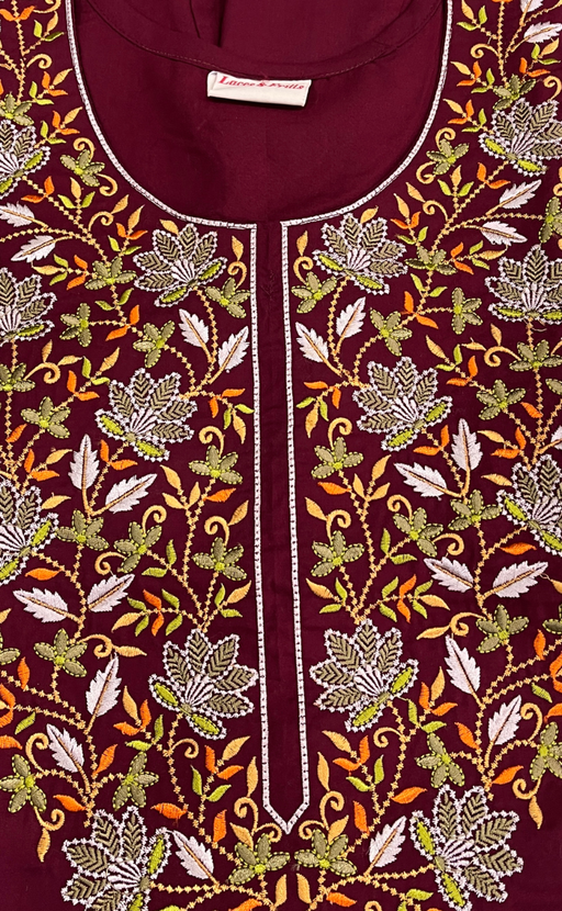 Maroon Embroidery Soft Cotton Long Sleeve Nighty. Soft Breathable Fabric | Laces and Frills - Laces and Frills