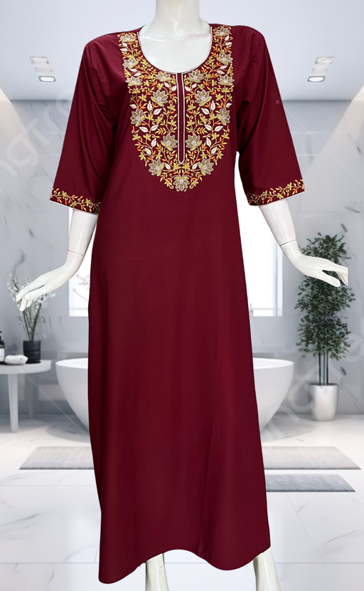 Maroon Embroidery Soft Cotton Long Sleeve Nighty. Soft Breathable Fabric | Laces and Frills - Laces and Frills