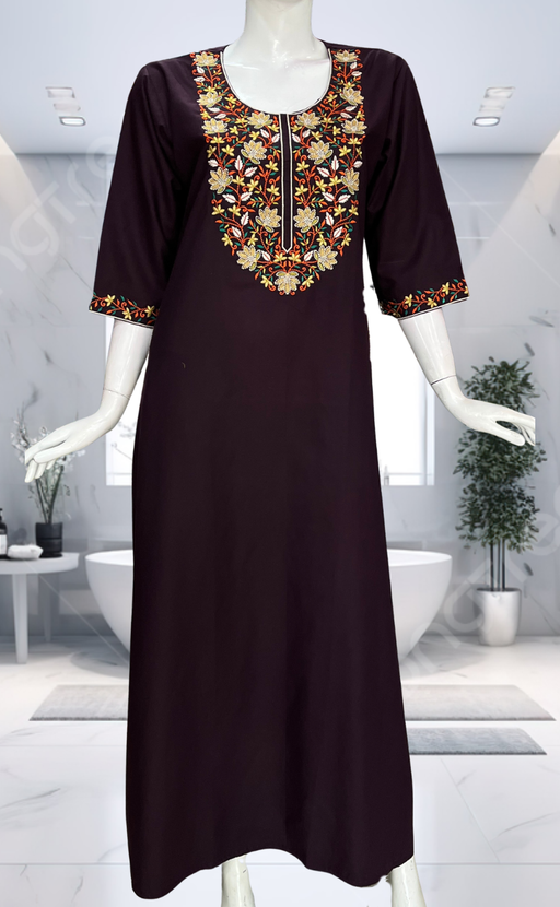 Dark Violet Embroidery Soft Cotton Long Sleeve Nighty. Soft Breathable Fabric | Laces and Frills - Laces and Frills