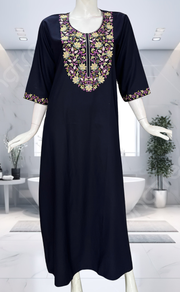 Navy Blue Embroidery Soft Cotton Long Sleeve Nighty. Soft Breathable Fabric | Laces and Frills - Laces and Frills