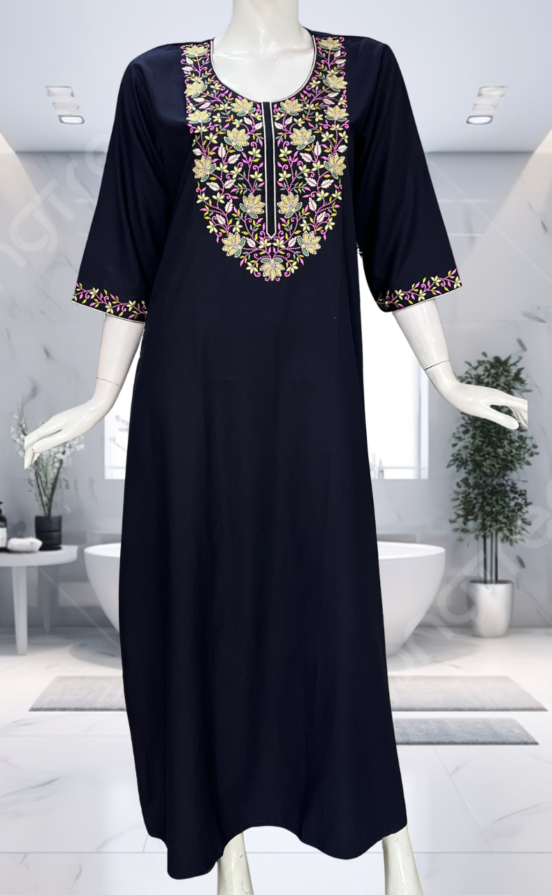 Navy Blue Embroidery Soft Cotton Long Sleeve Nighty. Soft Breathable Fabric | Laces and Frills - Laces and Frills