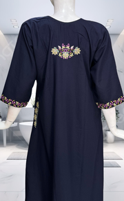 Navy Blue Embroidery Soft Cotton Long Sleeve Nighty. Soft Breathable Fabric | Laces and Frills - Laces and Frills