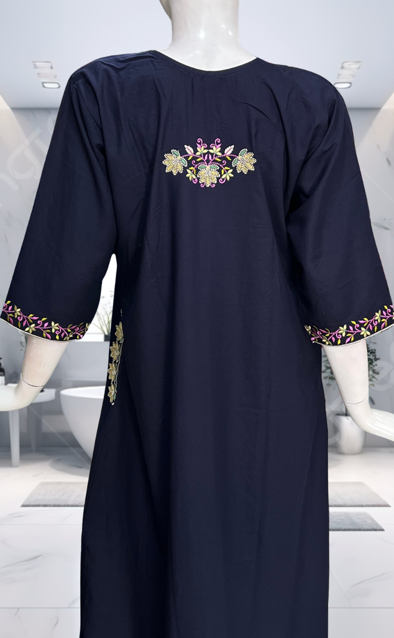 Navy Blue Embroidery Soft Cotton Long Sleeve Nighty. Soft Breathable Fabric | Laces and Frills - Laces and Frills