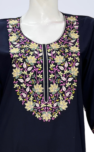 Navy Blue Embroidery Soft Cotton Long Sleeve Nighty. Soft Breathable Fabric | Laces and Frills - Laces and Frills