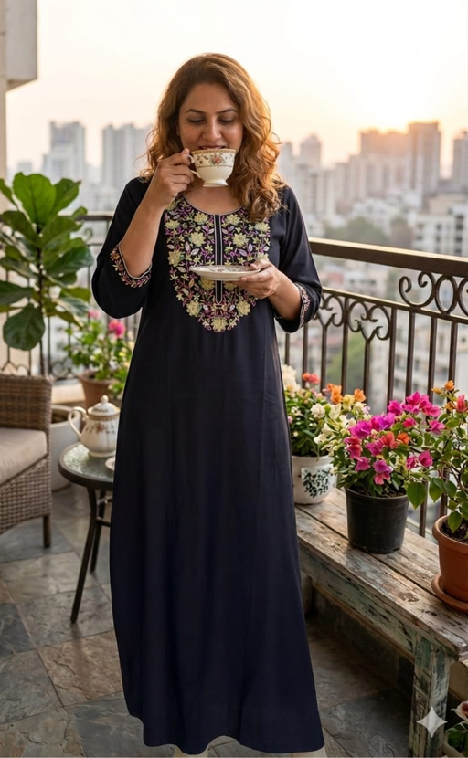 Navy Blue Embroidery Soft Cotton Long Sleeve Nighty. Soft Breathable Fabric | Laces and Frills - Laces and Frills