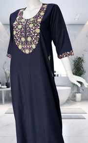 Navy Blue Embroidery Soft Cotton Long Sleeve Nighty. Soft Breathable Fabric | Laces and Frills - Laces and Frills