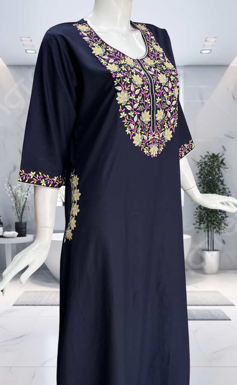 Navy Blue Embroidery Soft Cotton Long Sleeve Nighty. Soft Breathable Fabric | Laces and Frills - Laces and Frills