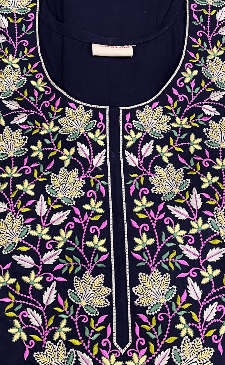 Navy Blue Embroidery Soft Cotton Long Sleeve Nighty. Soft Breathable Fabric | Laces and Frills - Laces and Frills
