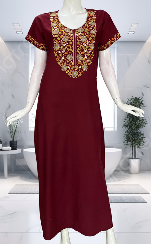 Maroon Embroidery Soft Cotton Nighty. Soft Breathable Fabric | Laces and Frills - Laces and Frills