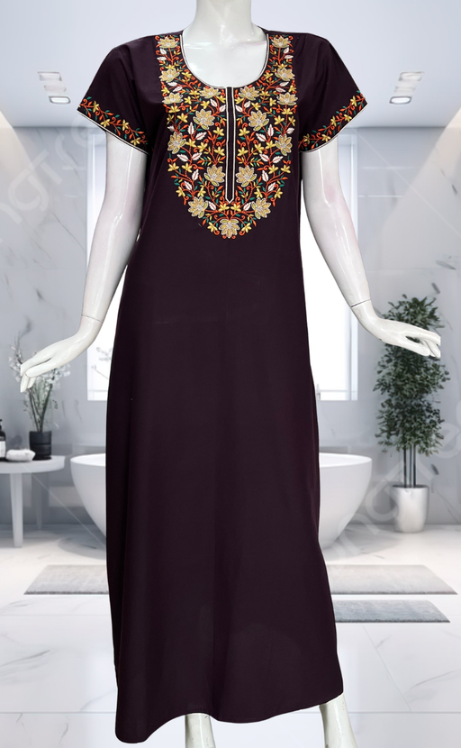 Dark Violet Embroidery Soft Cotton Nighty. Soft Breathable Fabric | Laces and Frills - Laces and Frills