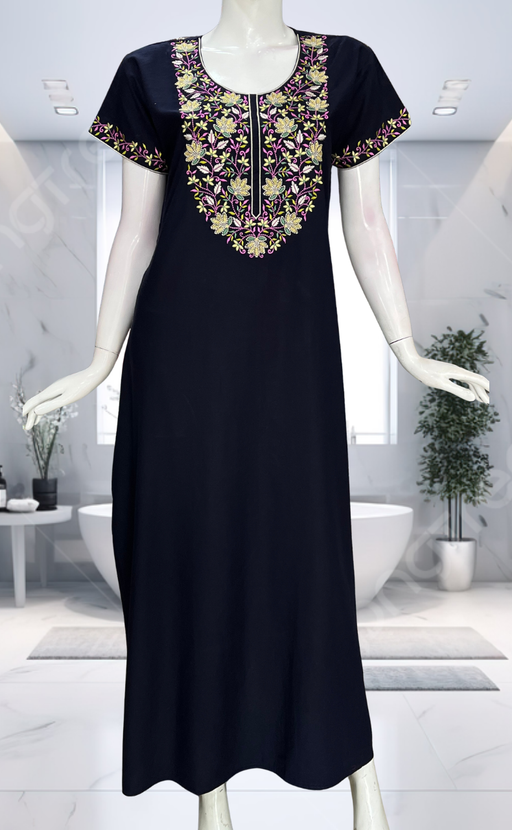 Navy Blue Embroidery Soft Cotton Nighty. Soft Breathable Fabric | Laces and Frills - Laces and Frills