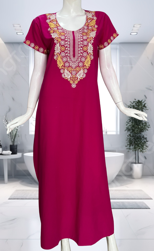 Rani Pink Embroidery Soft Cotton Nighty. Soft Breathable Fabric | Laces and Frills - Laces and Frills