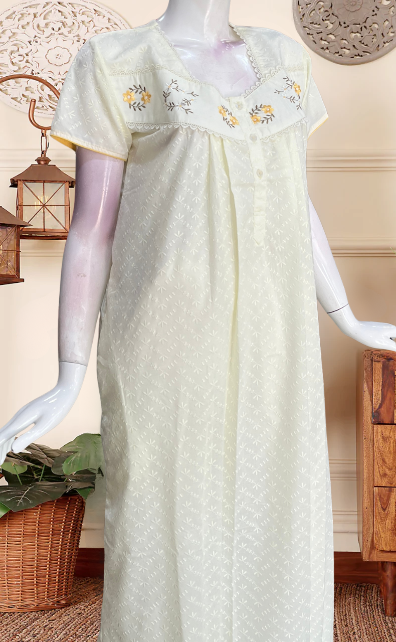 Light Yellow Floral Boutique Cotton Nighty . Pure Durable Cotton | Laces and Frills - Laces and Frills