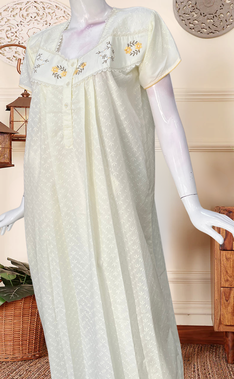 Light Yellow Floral Boutique Cotton Nighty . Pure Durable Cotton | Laces and Frills - Laces and Frills