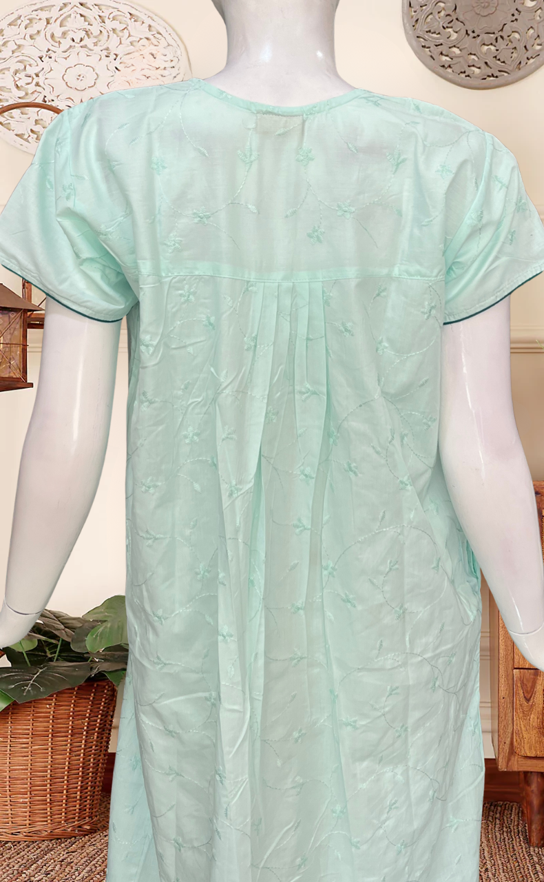 Pista Green Floral Boutique Cotton Nighty . Pure Durable Cotton | Laces and Frills - Laces and Frills