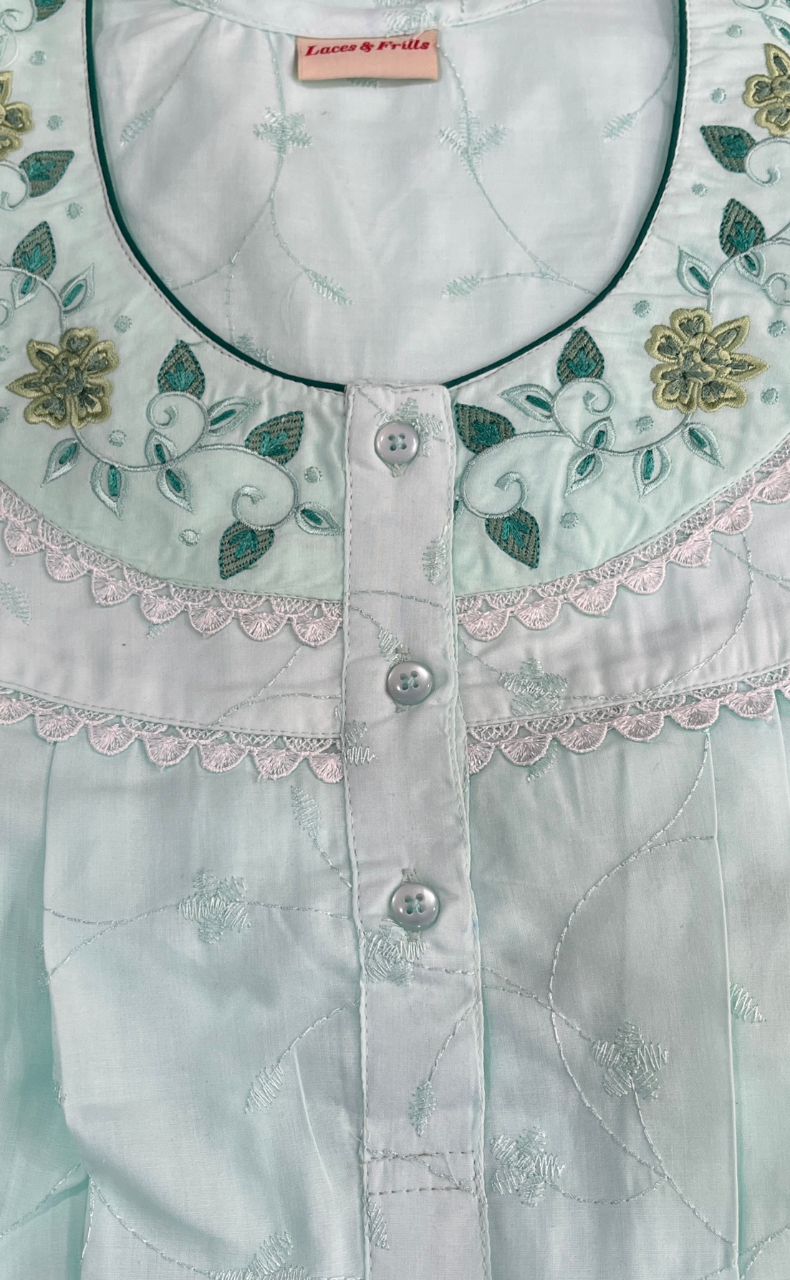 Pista Green Floral Boutique Cotton Nighty . Pure Durable Cotton | Laces and Frills - Laces and Frills